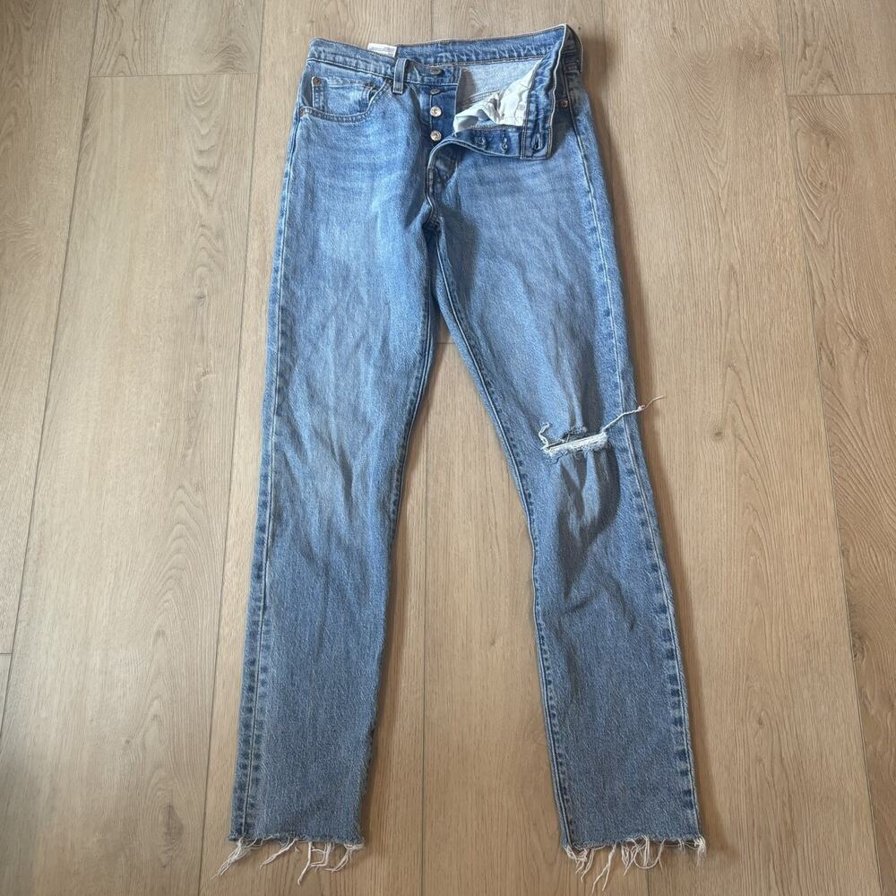 Levi’s 501 S Skinny Jeans Blue Light Wash Denim Distressed Raw Hem Button Fly